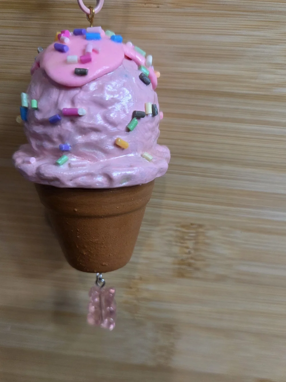 Handmade Pink Ice Cream Cone Charm Mini Terracotta Pot Keychain with Gummy Bear